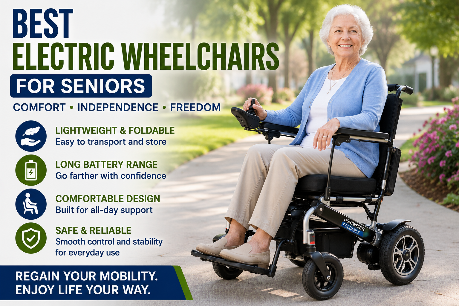Senior woman using a foldable electric wheelchair outdoors