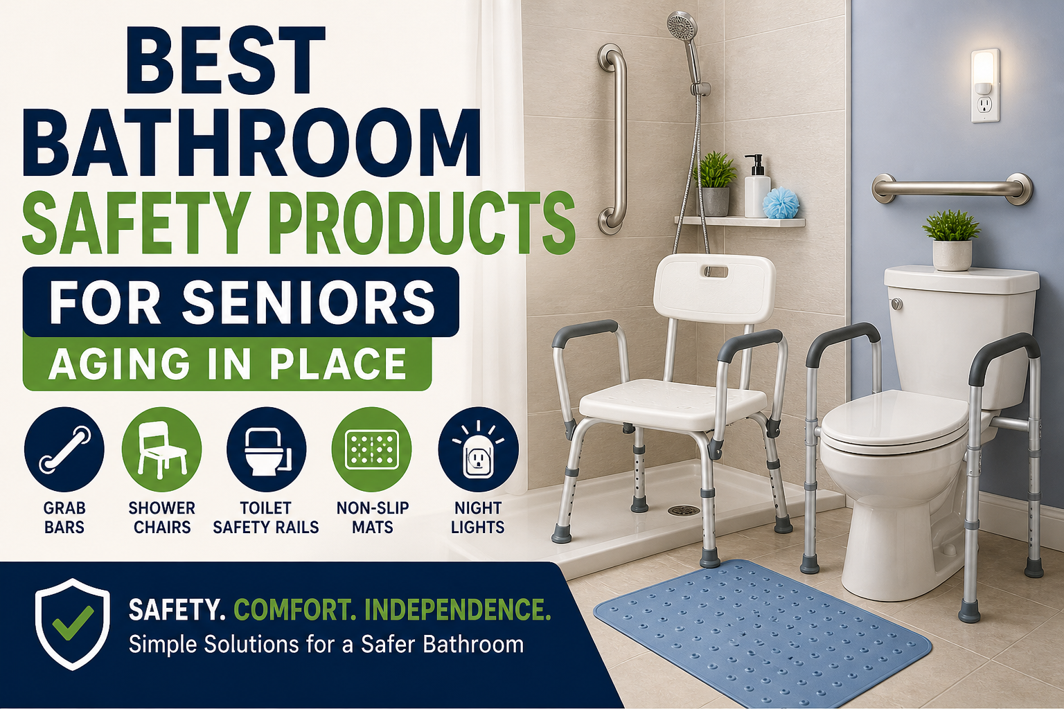 Bathroom safety products for seniors aging in place, including grab bars, a shower chair, toilet safety rails, a non-slip mat, and night light.