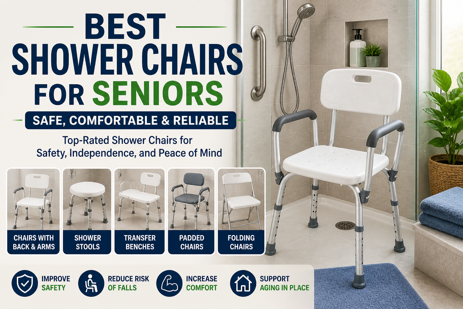 Best shower chairs for seniors in a safe bathroom setup with grab bars, handheld shower head, and non-slip bath mat.