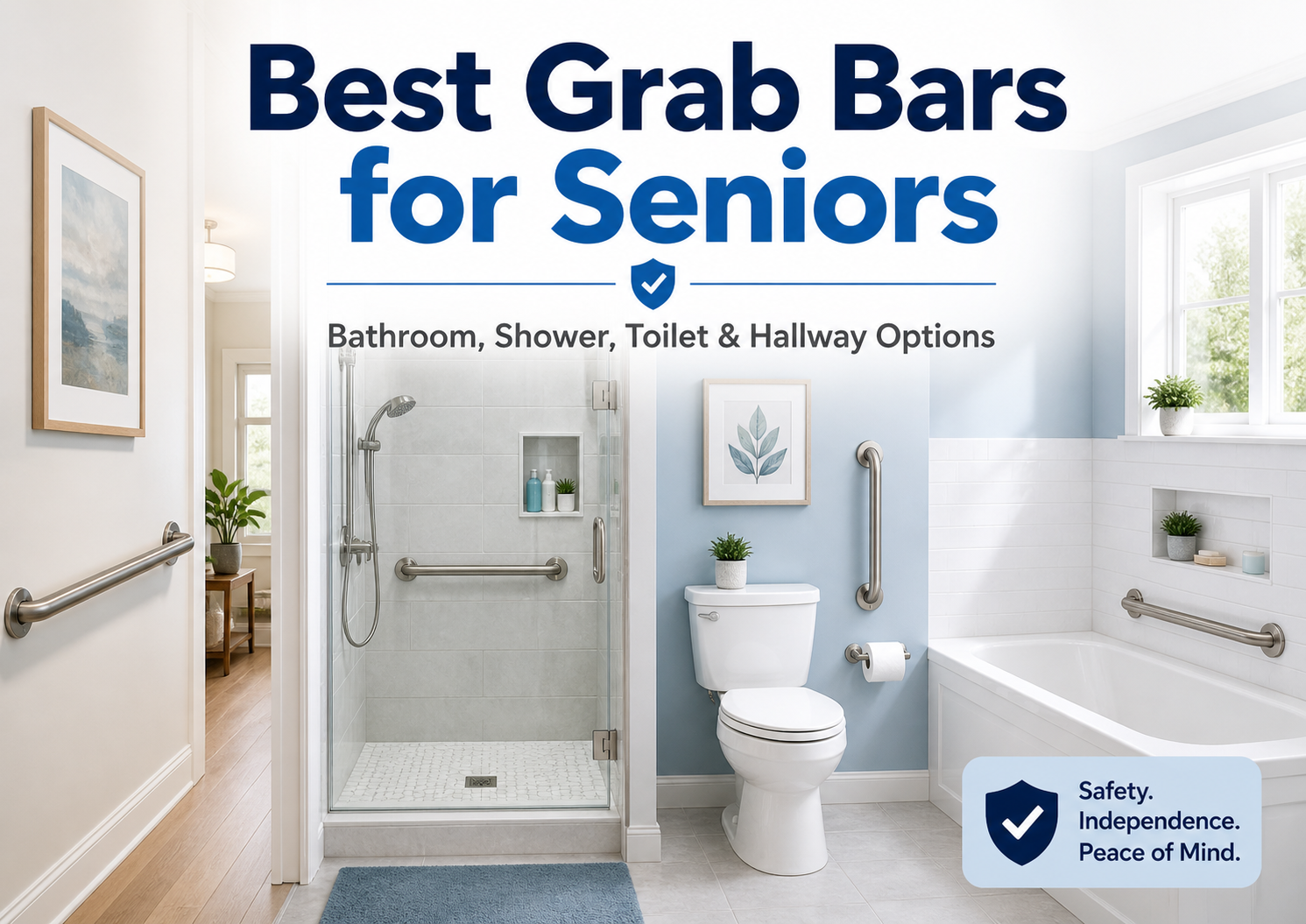 Best grab bars for seniors in a bright bathroom with shower grab bars, toilet grab bar, bathtub grab bar, and hallway handrail.