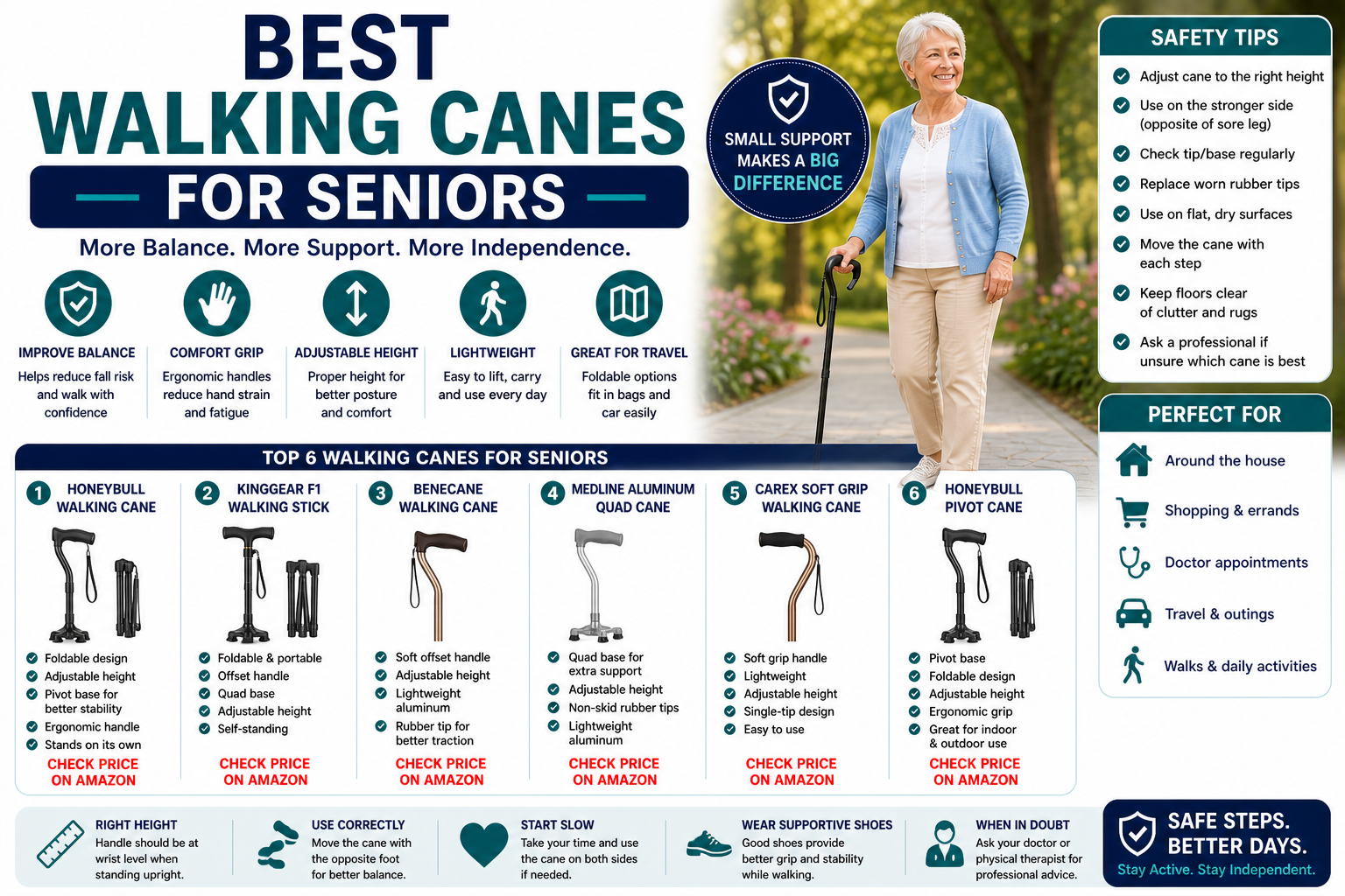 Best walking canes for seniors with foldable cane, quad cane, offset handle cane, pivot base cane, and senior mobility support.