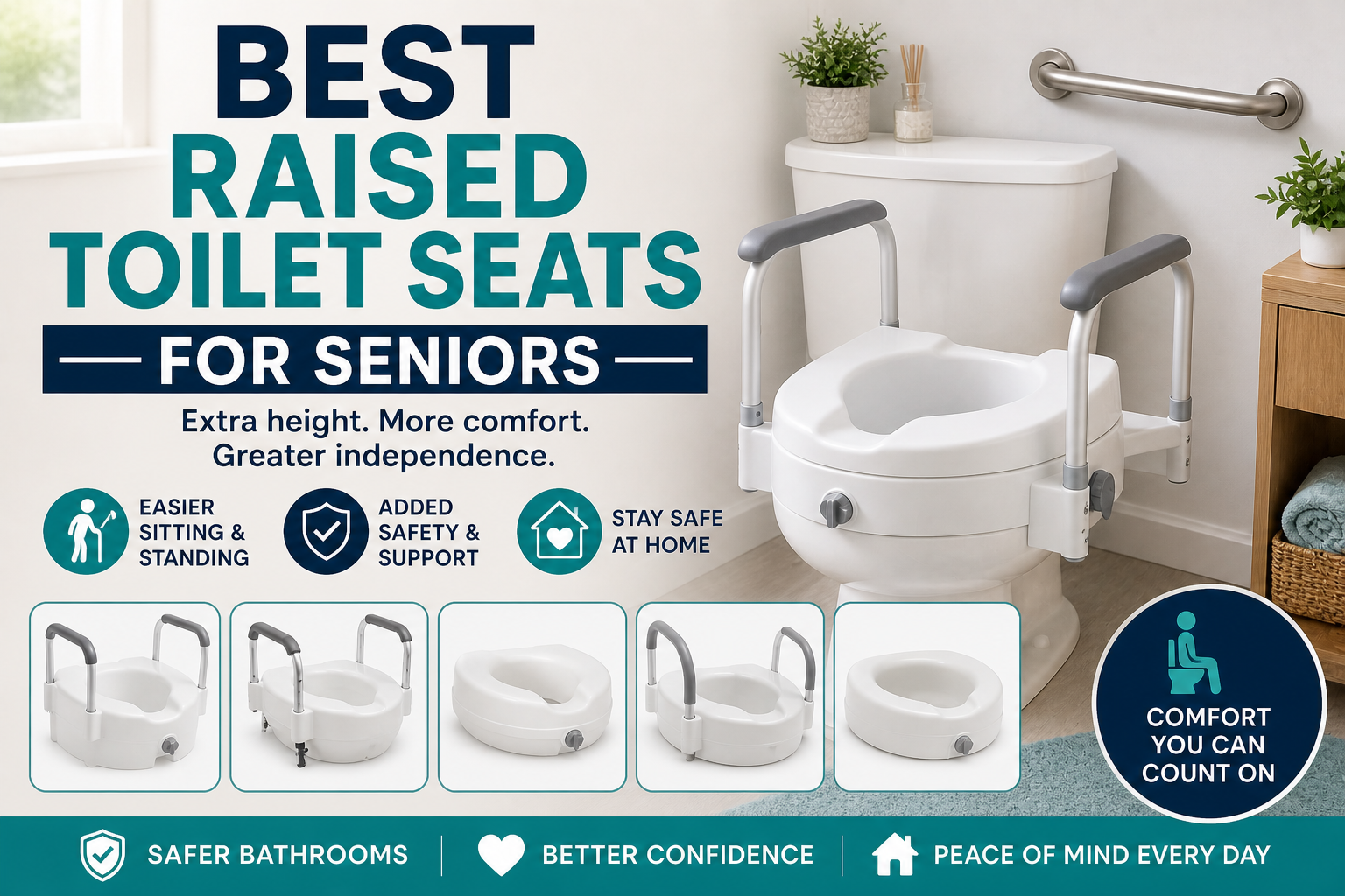 Best raised toilet seats for seniors in a safe bathroom with toilet seat riser, side handles, grab bar, and senior-friendly setup.