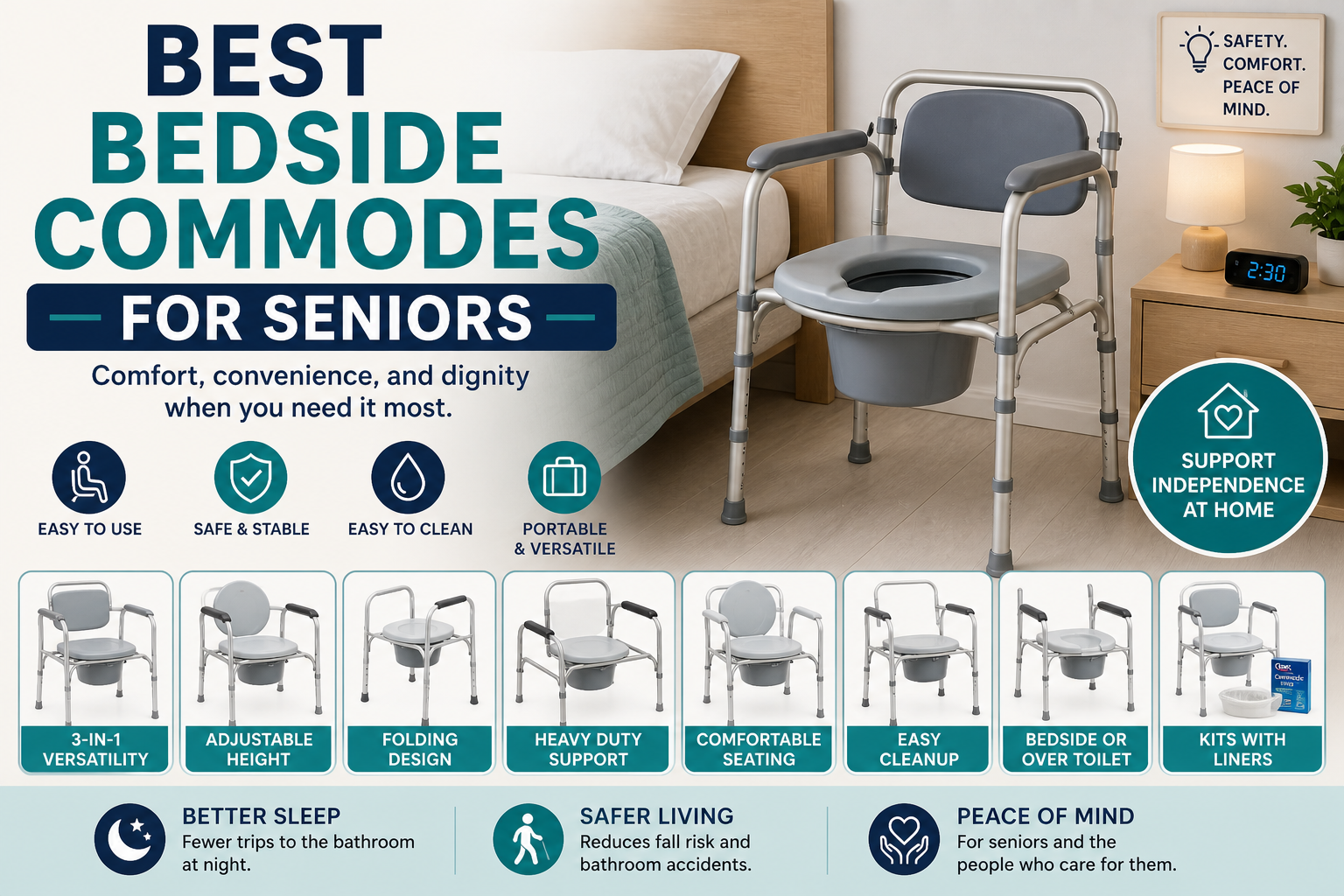 Best bedside commodes for seniors in a safe bedroom and bathroom setup with portable commode chair, toilet safety rails, and night light.