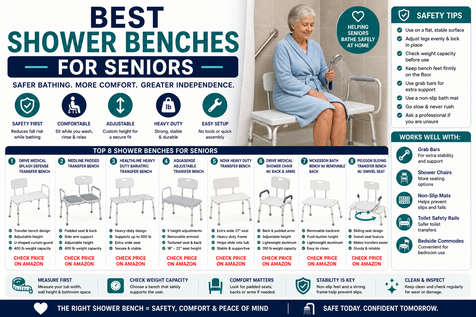 Best shower benches for seniors with bath bench, tub transfer bench, grab bars, non-slip bathmat, and senior bathroom safety setup.