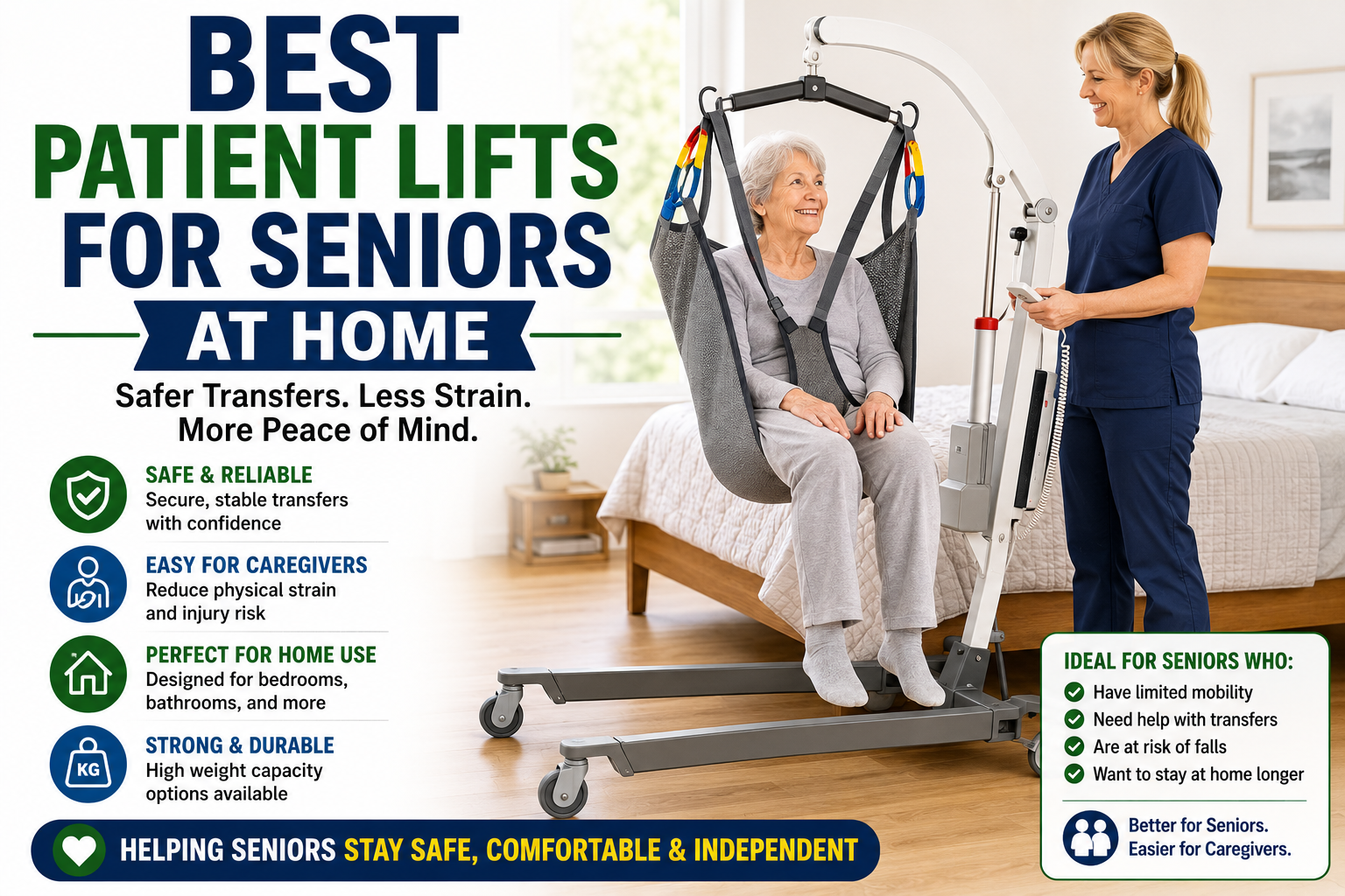 Caregiver helping a senior use a patient lift at home