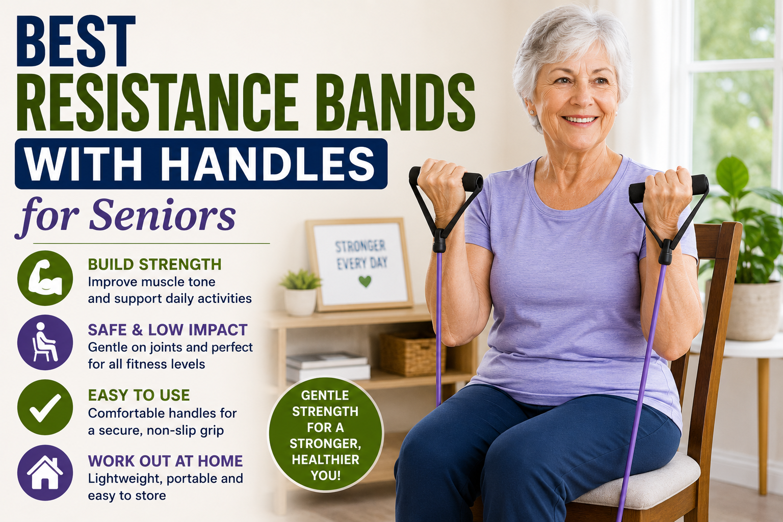 Senior woman using resistance bands with handles while seated in a chair